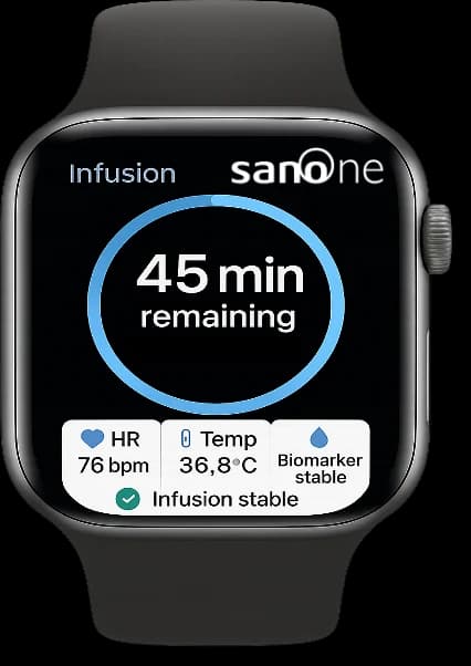SanoOne on a smartwatch showing live infusion status